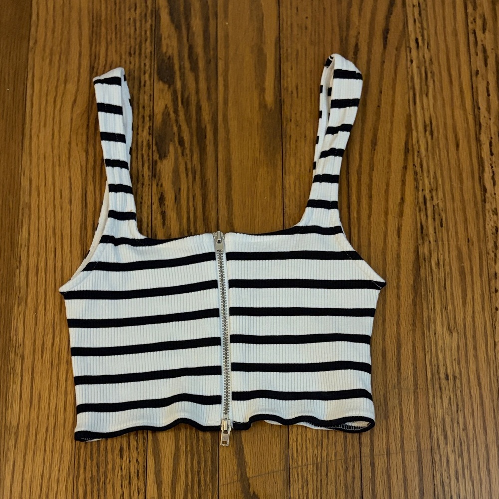 Zara Striped Black and White Zip-Front Crop Tank